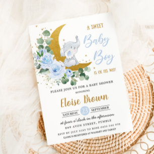 Invitation Eléphant Floral Doux Bébé Bébé Douche Garçon Bleu 