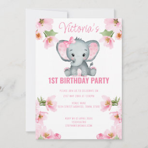 Invitation Eléphant floral rose 1er anniversaire
