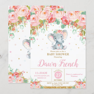 Invitation Eléphant Floral Rose mignonne Baby shower bébé fil
