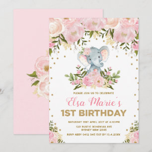 Invitation Eléphant floral rose mou 1er anniversaire