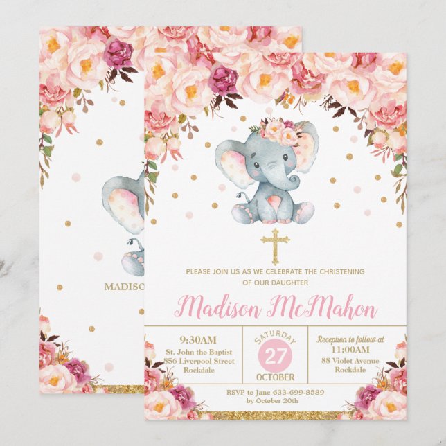 Invitation Eléphant Floral Rouge Baptême Naissance Fille (Devant / Derrière)