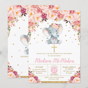 Invitation Eléphant Floral Rouge Baptême Naissance Fille