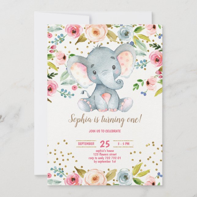 Invitation Eléphant Floral Rustic Girl 1er Anniversaire Blush (Devant)