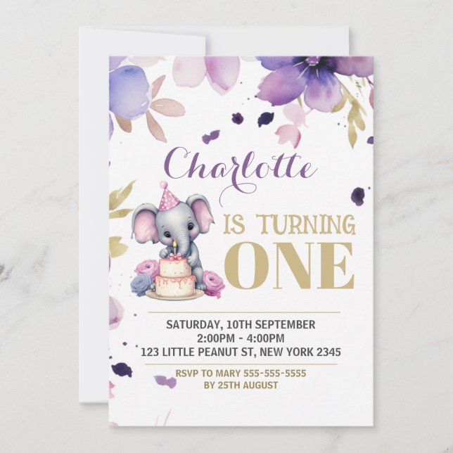 Invitation Eléphant Floral Violet Boho Anniversaire (Devant)
