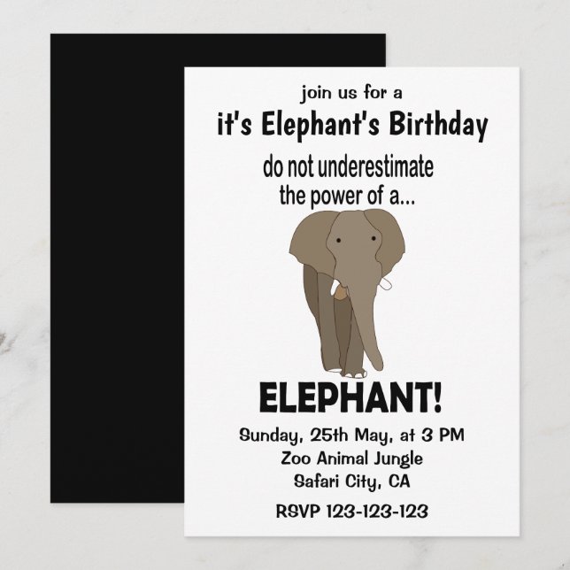 Invitation Elephant Funny mignon Elephant Anniversaire (Devant / Derrière)