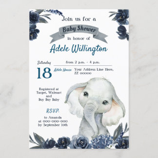 Invitation Elephant Garçon Aquarelle Floral Marine Bleu Bébé