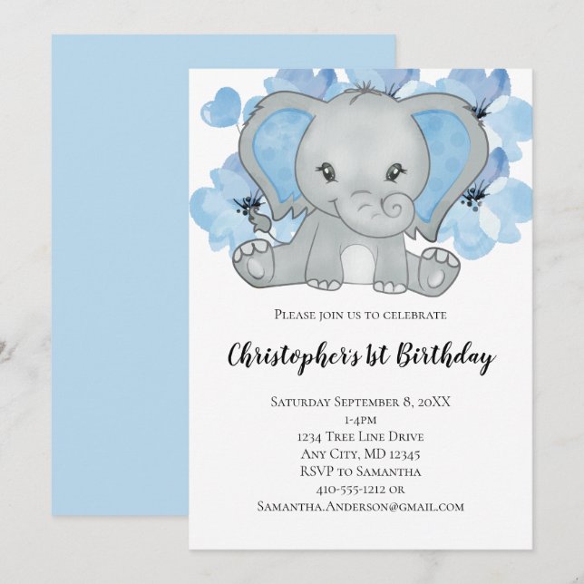 Invitation Éléphant Garçon Bleu Fleurs Ballons Anniversaire (Devant / Derrière)
