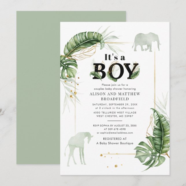 Invitation Elephant Giraffe Couples Baby shower Jungle Safari (Devant / Derrière)