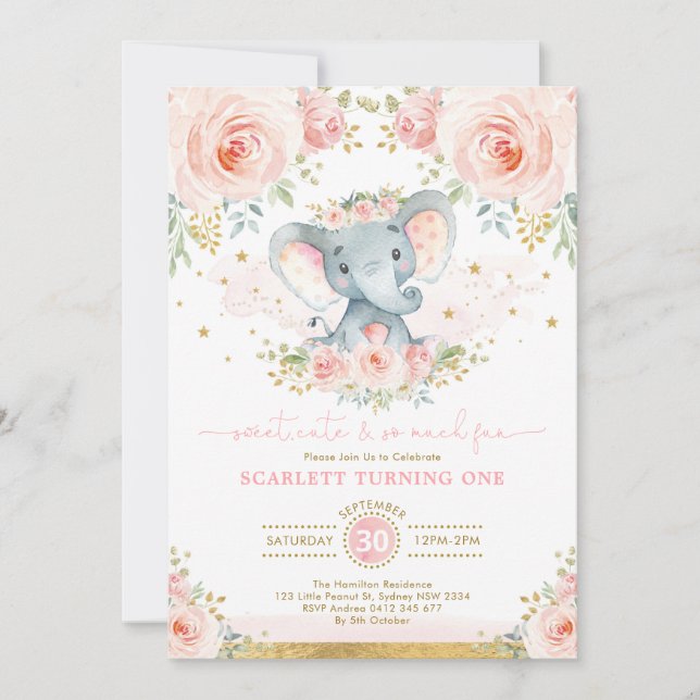 Invitation Elephant Girl 1er anniversaire Blush Pink Or Flora (Devant)