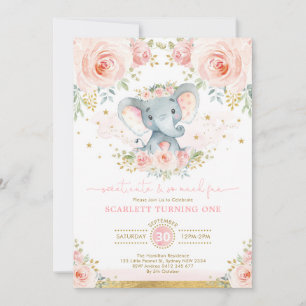 Invitation Elephant Girl 1er anniversaire Blush Pink Or Flora