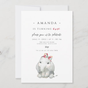 Invitation Elephant Girl First Birthday, éléphant tournant un