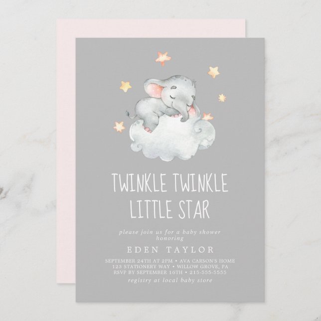 Invitation Eléphant Girl | Grey Twinkle Twinkle Little Star (Devant / Derrière)