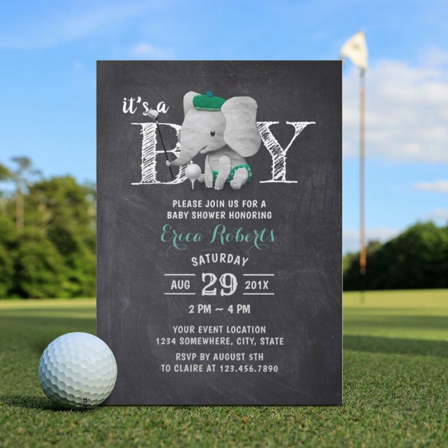 Invitation Elephant Golf Boy Rustic Chalkboard Baby shower (Créateur téléchargé)