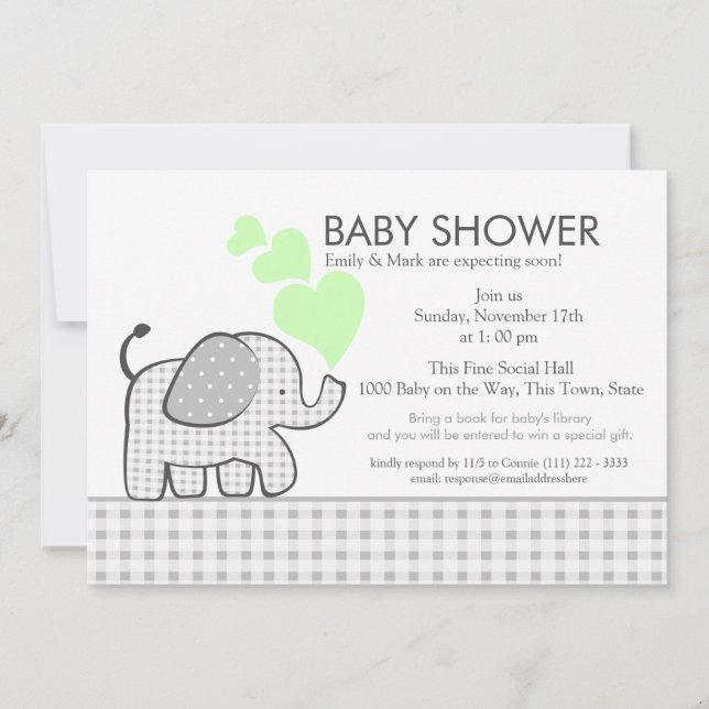Invitation Elephant Grey En vichy Baby shower (Devant)