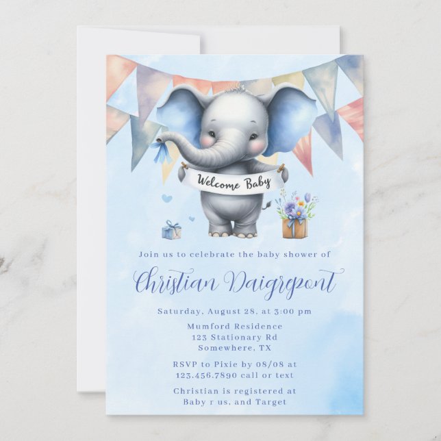 Invitation Eléphant gris bleu mignonne Bienvenue bébé garçon  (Devant)