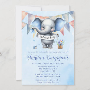 Invitation Eléphant gris bleu mignonne Bienvenue bébé garçon 