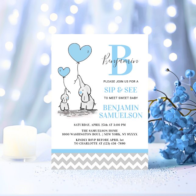 Invitation Eléphant gris bleu moderne SIP & VOIR Baby Boy (Modern Blue Grey Elephant SIP & SEE Baby Boy Invitation)