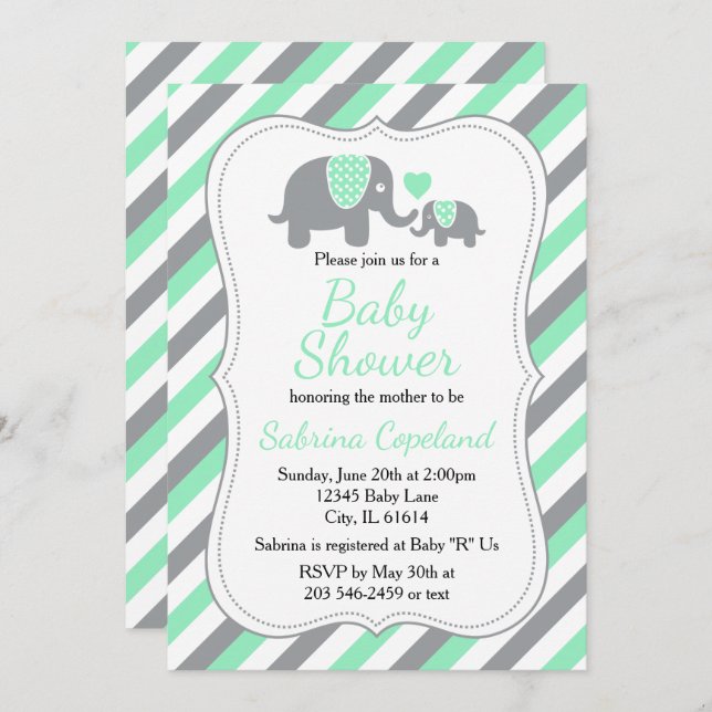 Invitation Éléphant Gris et Vert Menthe 🐘 | Baby Shower (Devant / Derrière)