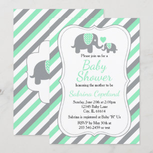 Invitation Éléphant Gris et Vert Menthe 🐘   Baby Shower