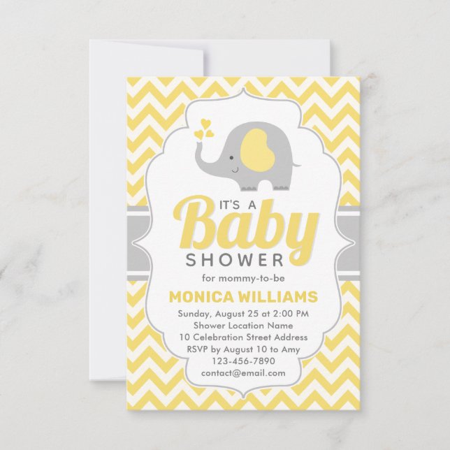 Invitation Eléphant gris jaune mignon Baby shower neutre (Devant)