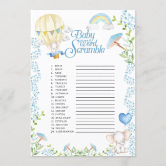 Invitation Elephant Hot Air Balloon Baby Word Scramble Jeu