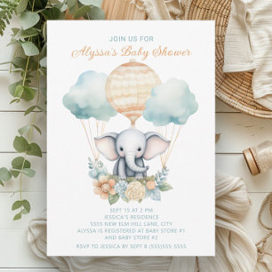 Invitation Elephant Hot Air Balloon Blue Peach Boy