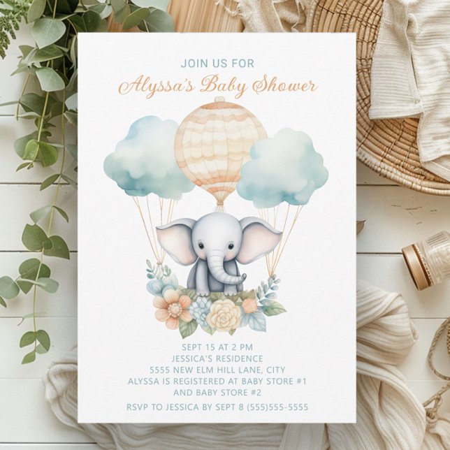Invitation Elephant Hot Air Balloon Blue Peach Boy (Baby elephant and balloons baby boy shower invitation)