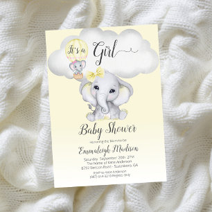 Invitation Elephant Hot Air Balloon Girl Baby shower   jaune