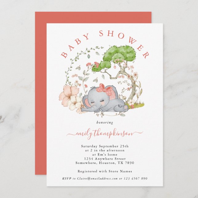 Invitation Elephant Jungle Foliage Coral Girl Baby shower Inv (Devant / Derrière)