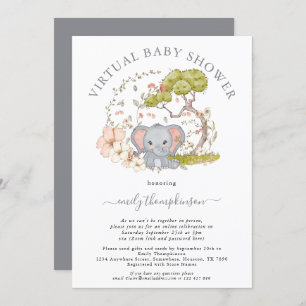 Invitation Elephant Jungle Foliage gris Baby shower virtuel