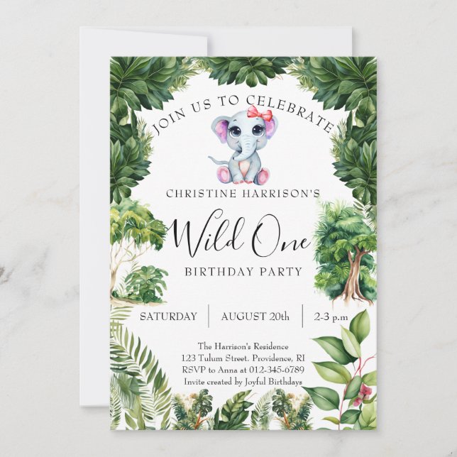Invitation Elephant Jungle Wild One Fille 1er Anniversaire (Devant)