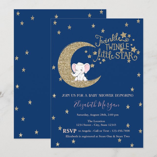 Invitation Éléphant, Lune, Étoile Scintillante Baby Shower Pe (Devant / Derrière)