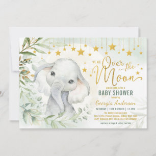 Invitation Eléphant Lune & Étoiles Baby shower verdoyant