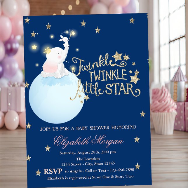 Invitation Éléphant, Lune, Étoiles BrillantesBleu Marine  Bab (Créateur téléchargé)