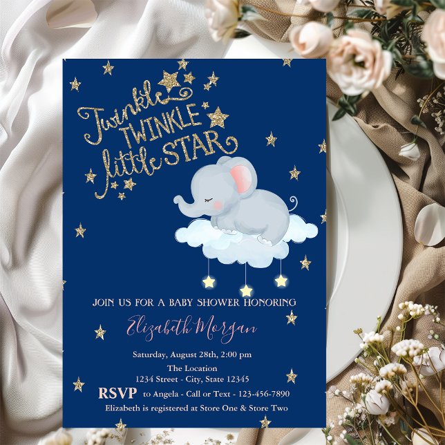Invitation Éléphant,Lune,Étoiles BrillantesFête Bébé Fait Dod (Créateur téléchargé)