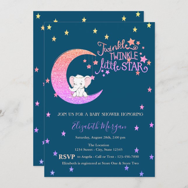Invitation Eléphant, Lune, Étoiles Twinkle Petit Baby shower (Devant / Derrière)