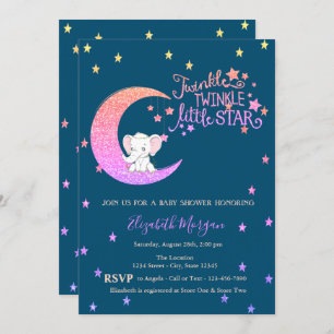 Invitation Eléphant, Lune, Étoiles Twinkle Petit Baby shower