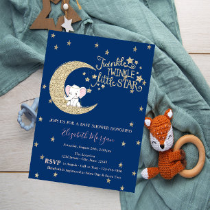 Invitation Éléphant, Lune, Paillettes  Bébé Shower Étoile Bri