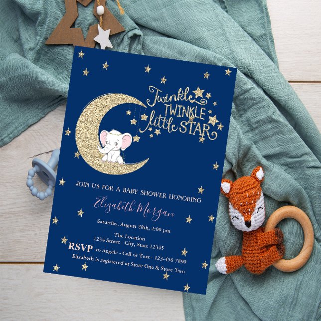 Invitation Éléphant, Lune, Paillettes  Bébé Shower Étoile Bri (Créateur téléchargé)