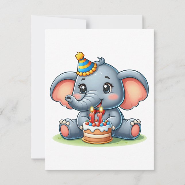 Invitation Éléphant Mignon 11e Anniversaire (Devant)