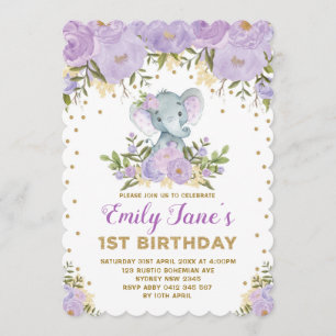 Invitation Eléphant mignon 1er Anniversaire Fleurs d'or viole