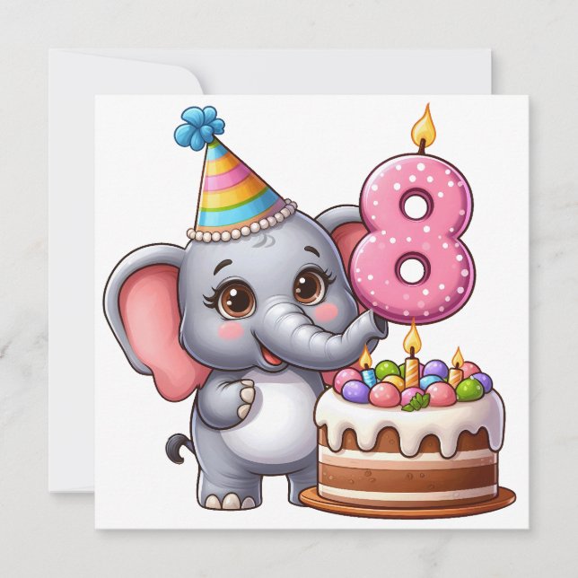 Invitation Éléphant Mignon 8ème Anniversaire (Devant)