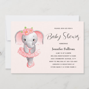 Invitation Eléphant mignon Ballerina Baby shower rose et gris