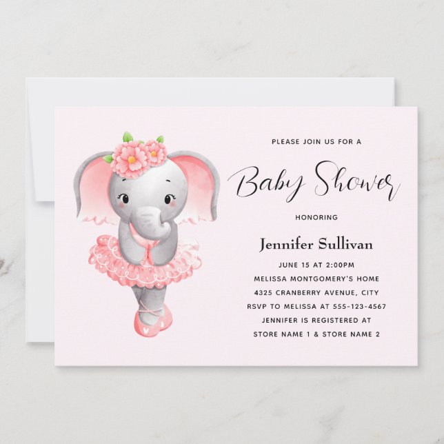 Invitation Eléphant mignon Ballerina Baby shower rose et gris (Devant)