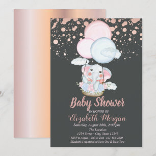 Invitation Éléphant Mignon, Ballon Aérien, Baby Shower Rose G