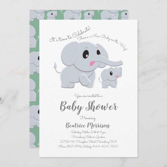 Invitation Eléphant mignon Douche Bébé Vert Genre Neutre (Devant / Derrière)