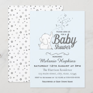 Invitation Eléphant mignon et Baby shower bleu Confetti
