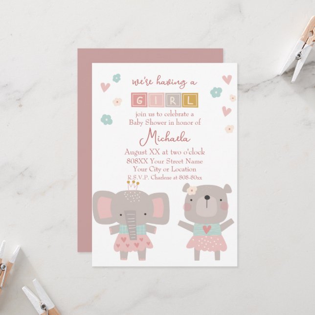 Invitation Eléphant mignon et ours Baby shower fille (Devant/Arrière en situation)