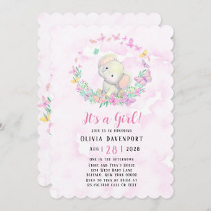 Invitation Eléphant mignon et papillons Baby shower fille