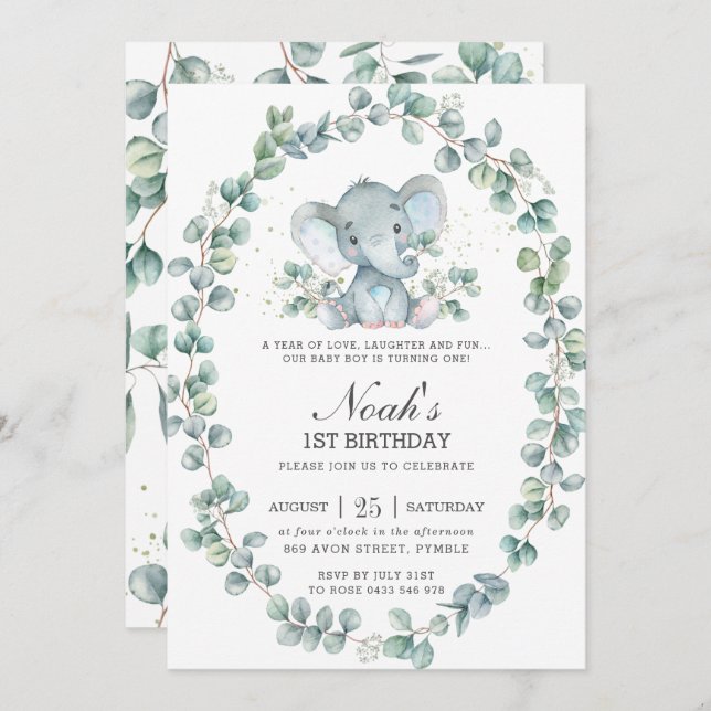 Invitation Eléphant mignon Eucalyptus Verdure Anniversaire Ga (Devant / Derrière)